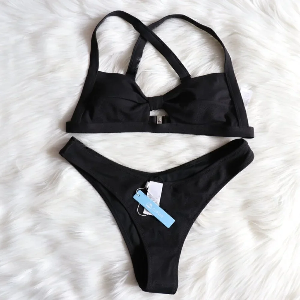 NEW Black Cutout Solid Bikini Bathing Suit Swim Set Size Large Beach Summer Pool - Picture 2 of 8